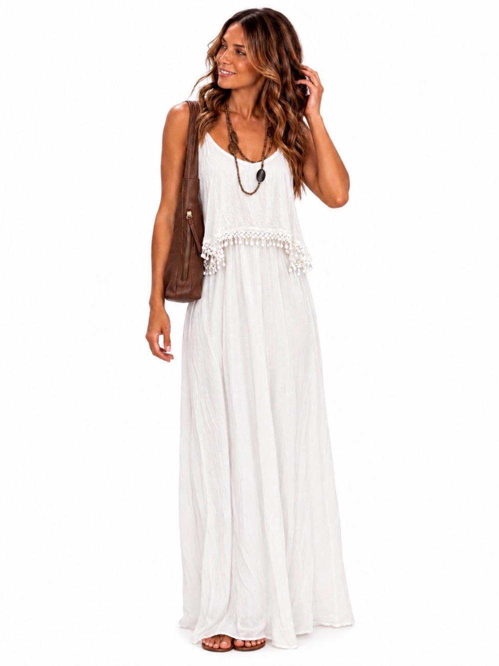 White Maxi Dress Boho Tassel Trim